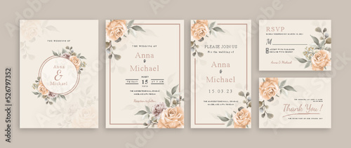 Set of card with peach flower rose and leaves. Wedding ornament concept. Floral poster invitation. Vector decorative greeting card or invitation design background.
