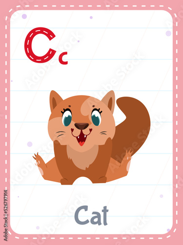 Alphabet printable flashcard with letter C. Cartoon cute cat animal picture and english word on flash card for children education. School memory cards for kindergarten kids flat vector illustration.
