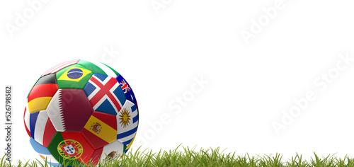 soccer ball flags design and green lawn 3d-illustration, focus on the flag of Qatar