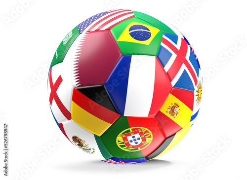 soccer ball flags design 3d-illustration, focus on the flag of Qatar and France