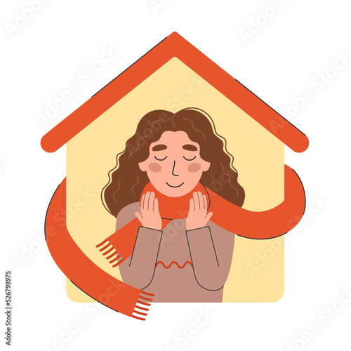 Happy girl in a scarf on the background of her house. Cozy home concept vector illustration