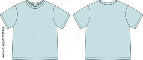 Apparel technical sketch unisex t shirt. Eggshell blue color. T-shirt design template. Front and back views