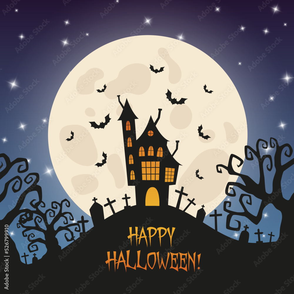 Halloween spooky old haunted house with a big moon and bats on the night sky background. Silhouettes vector illustration for holiday web and print designs