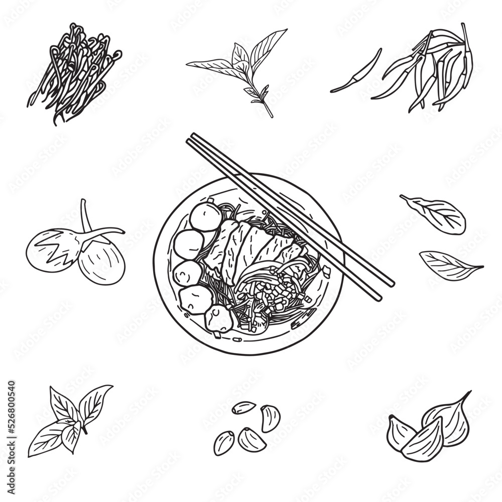 Pad Thai stirfried rice noodle local Thailand food, hand draw sketch