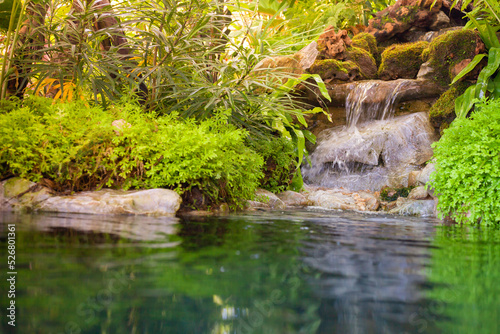 Waterfall in the park. Modern gardening. Beautiful backyard landscaping.