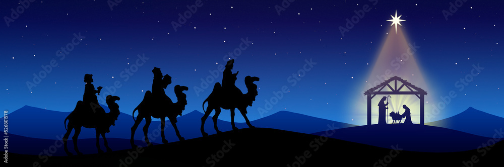 Christmas Nativity Scene black silhouette on blue background Stock