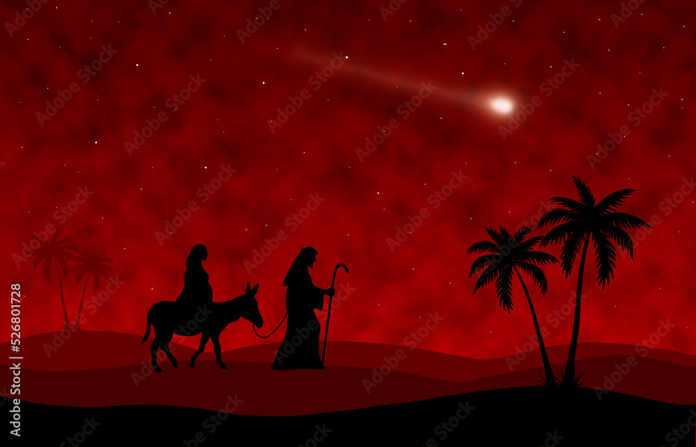 Joseph and Mary journey red background
