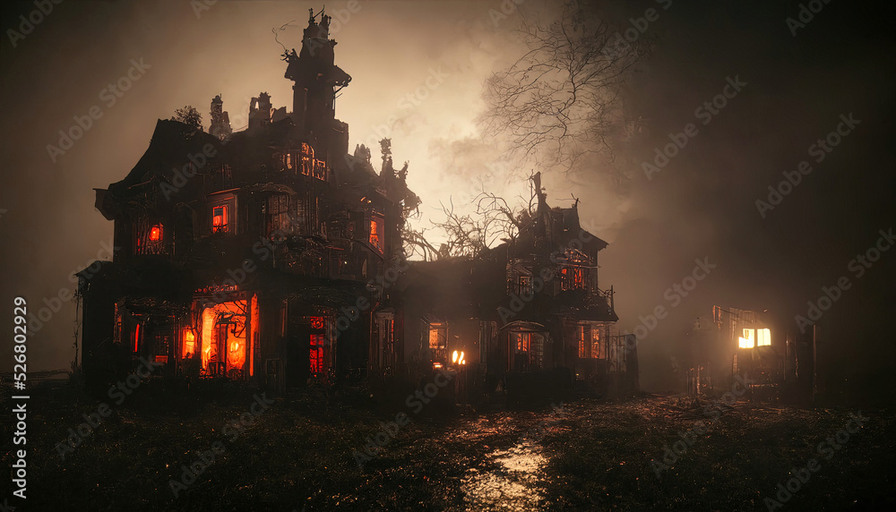 Dark atmospheric horror background. Haunted house. Dramatic sky, old, abandoned house, light in the windows. 3D illustration.