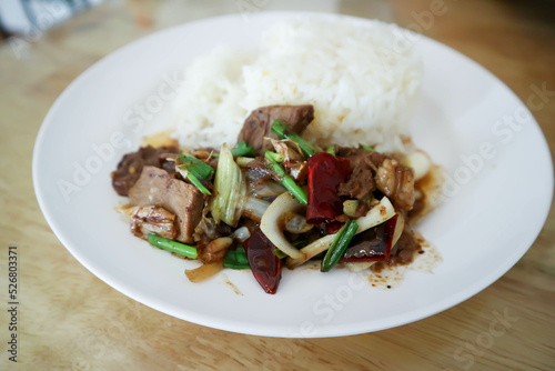 stir fried beef with vegetable or stewed beef and rice or spicy beef and rice