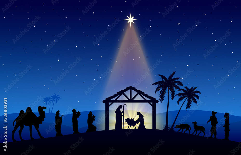 Christmas Nativity Scene black silhouette on blue background Christmas Nativity Scene black silhouette on blue background