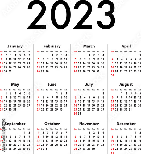 English Calendar grid for 2023. SF
