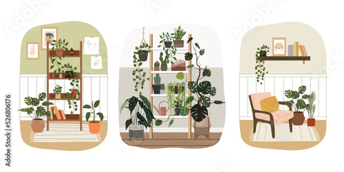 Vector set of apartment interior. Illustration in flat style. Room design, apartment. Scandinavian style.