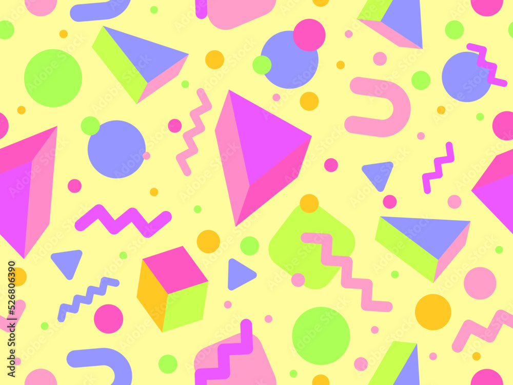 Geometric seamless pattern with 3d shapes in 80s memphis style. Isometric geometric shapes. Colorful background design for promotional products, wrapping paper and printing. Vector illustration Geometric seamless pattern with 3d shapes in 80s memphis style. Isometric geometric shapes. Colorful background design for promotional products, wrapping paper and printing. Vector illustration