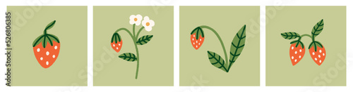 Set of different strawberries with leaves, white flowers, bushes or branches. Modern art, print, poster, card design. Vector hand drawn illustration, cartoon style. 