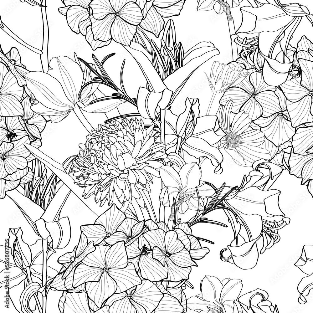 Fototapeta premium Garden flower illustration. Line vintage seamless pattern. Matthiola incana, lilies, peony spring line illustration.