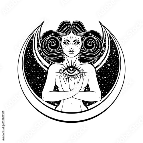 Young beautiful witch. Mystic character. Alchemy, spirituality, occultism, tattoo art. Isolated black and white vector illustration. Halloween concept. Wiccan woman.