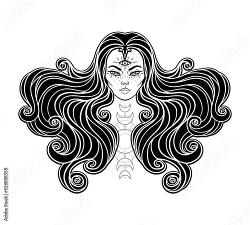 Young beautiful witch. Mystic character. Alchemy, spirituality, occultism, tattoo art. Isolated black and white vector illustration. Halloween concept. Wiccan woman.