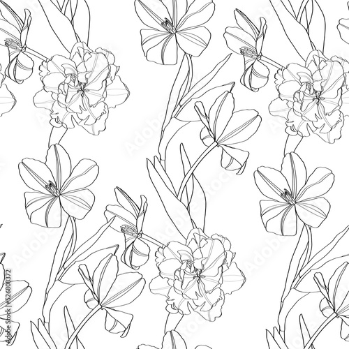 Black line seamless floral pattern background. Spring flower. Hand drawn illustration and sketch Tulips flower. Black and white with line art illustration.