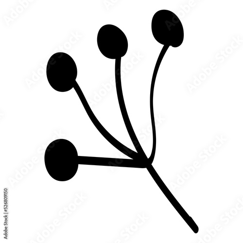 Black silhouette of a flower branch and a tree. Vector isolated element on a white background. A hand-drawn plant.