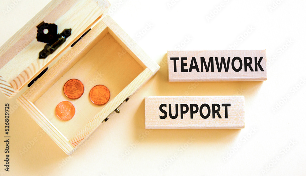 Teamwork support symbol. Concept words Teamwork support on wooden blocks on a beautiful white table white background. Wooden chest with coins. Business and teamwork support concept. Copy space. Teamwork support symbol. Concept words Teamwork support on wooden blocks on a beautiful white table white background. Wooden chest with coins. Business and teamwork support concept. Copy space.