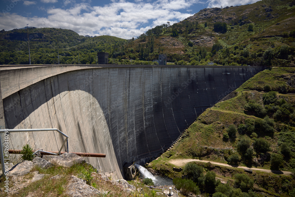 Gerês Natural Park (Portugal), June 27, 2022. Reservoir. Construction in the bed of a river or stream to partially or totally close its channel