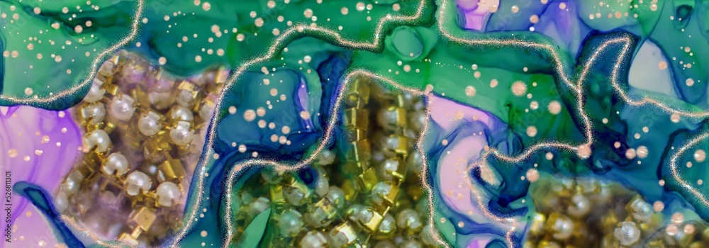 Golden chains of white pearl on Alcohol ink fluid abstract texture fluid art with gold glitter and liquid. Golden chains of white pearl on Alcohol ink fluid abstract texture fluid art with gold glitter and liquid.