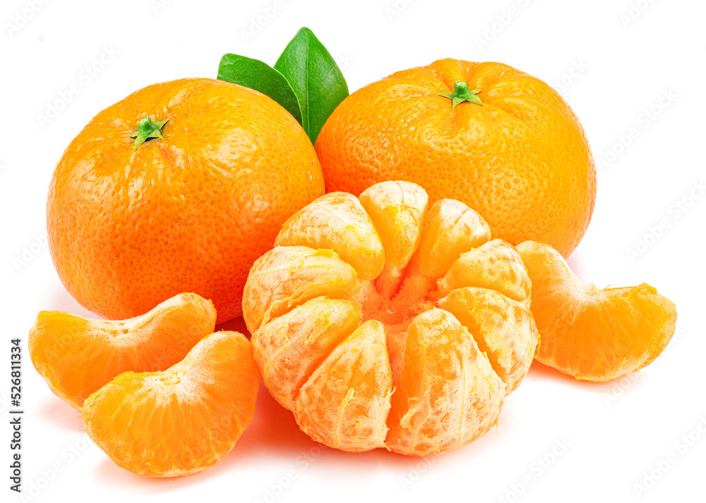 Ripe tangerine fruits with leaf and mandarin slices on white background. Ripe tangerine fruits with leaf and mandarin slices on white background.