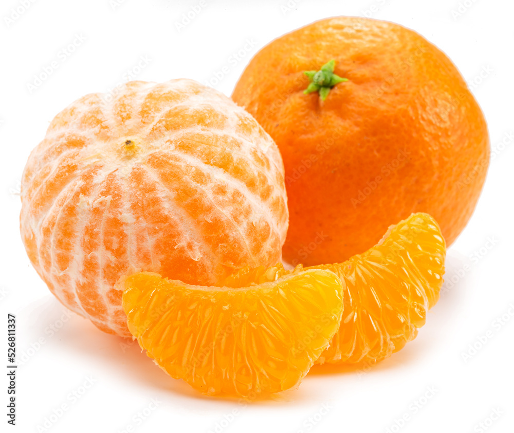 Ripe tangerine fruits with and mandarin slices on white background. Ripe tangerine fruits with and mandarin slices on white background.