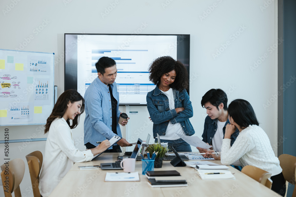Group of professional business people are working and brainstorming discussed about work in conference room within office space. Group of professional business people are working and brainstorming discussed about work in conference room within office space.