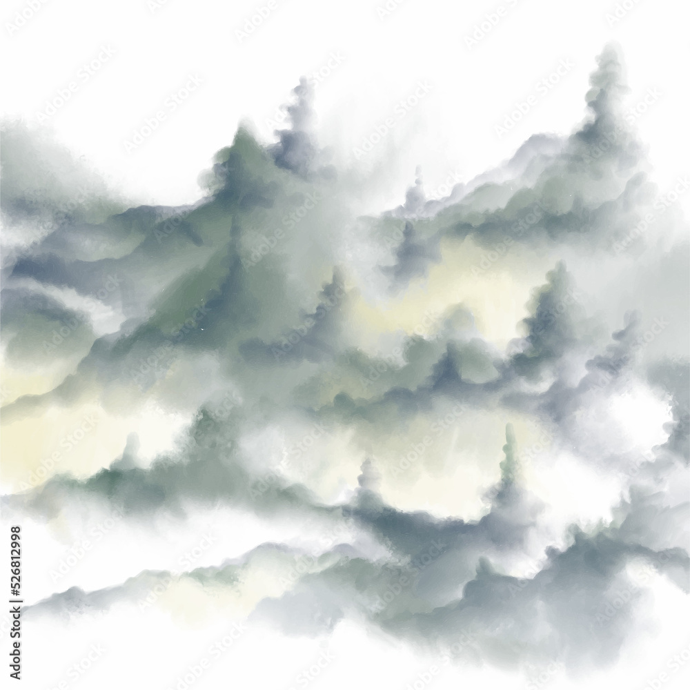 Misty spruce forest, hand-drawn. A mystical atmospheric landscape. Black and white seamless illustration. Interior design, photo wallpapers, covers, screensavers, book illustrations.