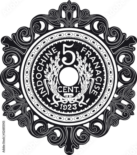indochine 5 cent franc coin with vintage frame handmade vector design