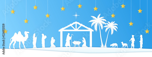 Blue Christmas Nativity scene, greeting card background. Vector EPS10.