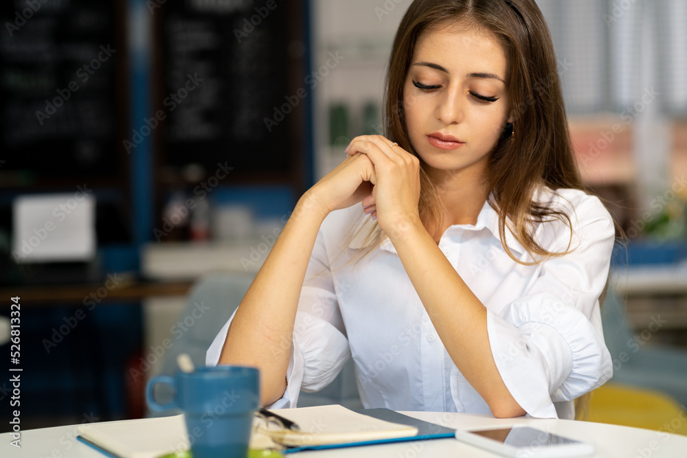 Happy young woman at coffee shop or cafe dreamy lady enjoying during work. Happy young woman at coffee shop or cafe dreamy lady enjoying during work.