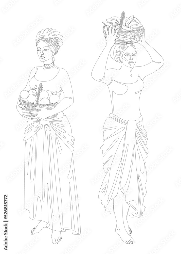 Collection. Silhouettes of a girl in a headscarf. The lady is holding a basket of apples and bananas in her hands. Woman in modern one line style. Solid line, outline, logo. Vector illustration, set. Collection. Silhouettes of a girl in a headscarf. The lady is holding a basket of apples and bananas in her hands. Woman in modern one line style. Solid line, outline, logo. Vector illustration, set.