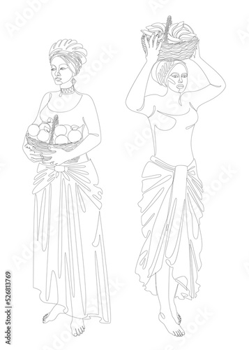 Collection. Silhouettes of a girl in a headscarf. The lady is holding a basket of apples and bananas in her hands. Woman in modern one line style. Solid line, outline, logo. Vector illustration, set.