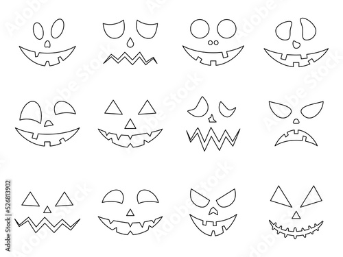 Scary line faces of Halloween pumpkins set. Horror ghost linear face collection. Vector isolated on white