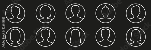 Men and women head linear icon set. Human avatar in line circle shape. Male and female profile symbol collection. Vector isolated on black. 