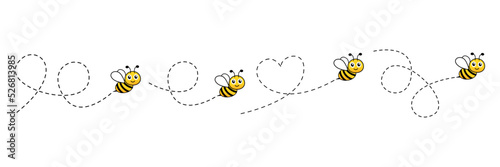 Cartoon bee characters set. Bee flying on a dotted route. Vector illustration isolated on the white background. © Віталій Баріда