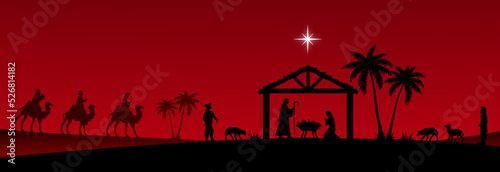 Red Christmas Nativity scene banner background. Vector illustration.