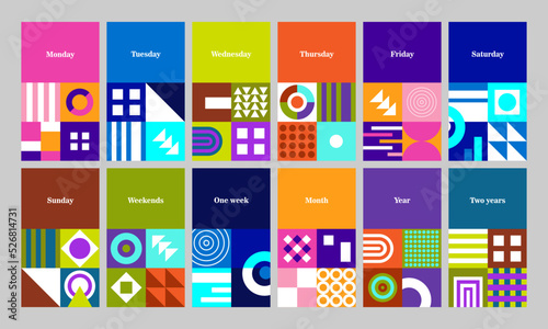 Vector set of covers for web and print. Set in abstract style with days of the week. Bright and dynamic covers with elements of geometric shapes for use in business, marketing, fashion, etc.