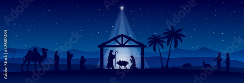 Blue Christmas Nativity scene banner background. Vector illustration. photo