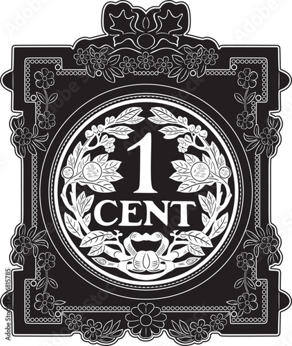 holland 1 cent coin black design with vintage frame  handmade silhouette collection