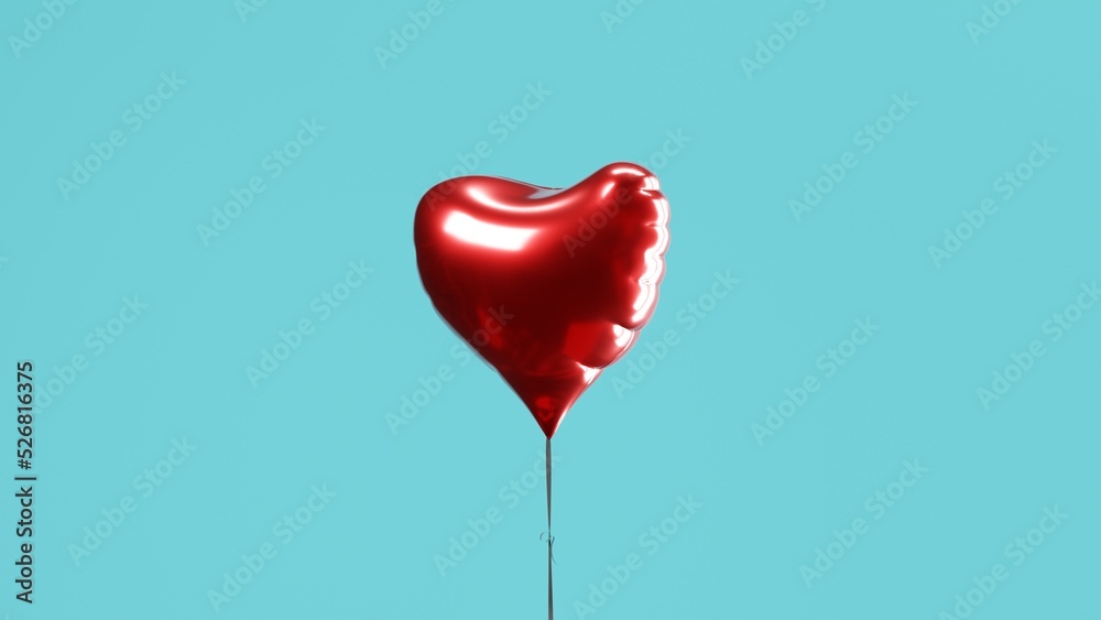 Shiny red heart balloon isolated on blue background. Valentines day, romantic. 3D render