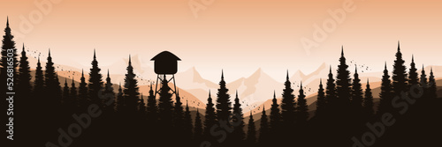 mountain sunrise nature with forest silhouette vector illustration good for wallpaper, background, banner, backdrop, tourism, travel adventure, outdoor and design template 
