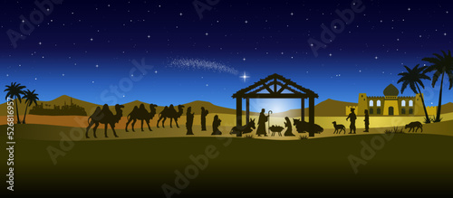 Blue Christmas Nativity scene in the desert greeting card background. Vector EPS10.