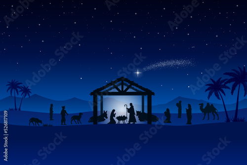 Blue Christmas Nativity scene in the desert greeting card background. Vector EPS10.
