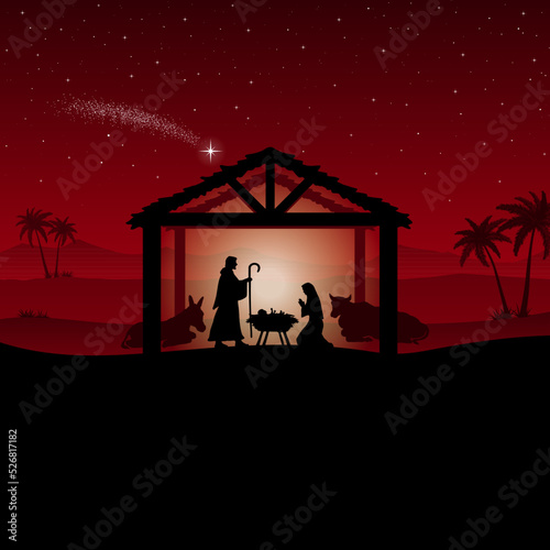 Red Christmas Nativity scene in the desert greeting card background. Vector EPS10. 