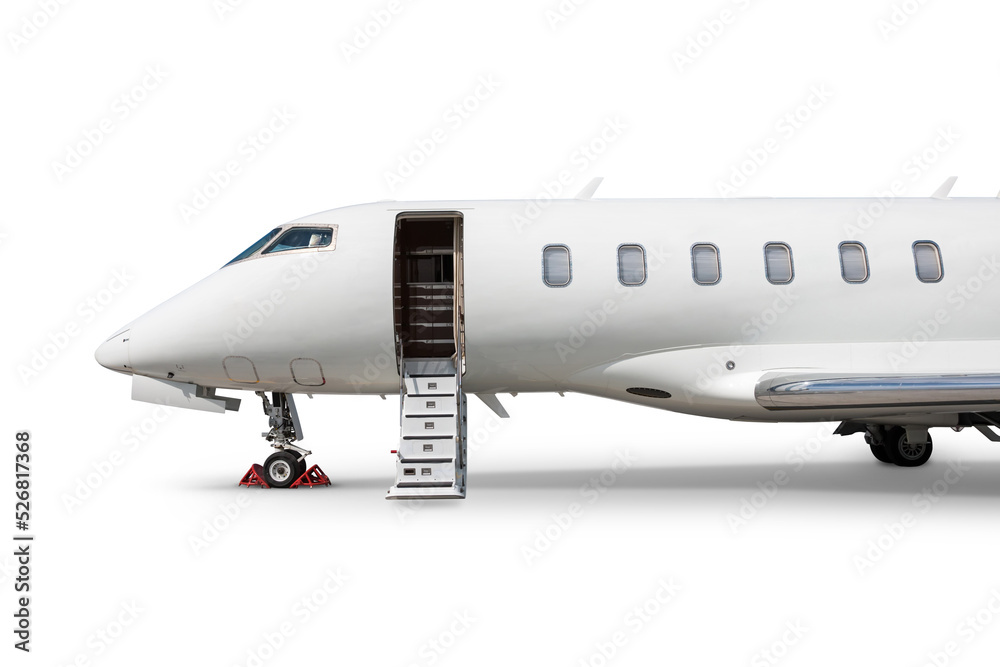 Close-up of the front of the modern white private jet with an opened gangway door isolated on white background Close-up of the front of the modern white private jet with an opened gangway door isolated on white background