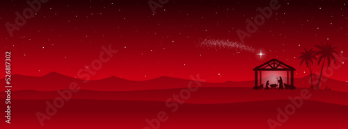 Red Christmas Nativity scene in the desert greeting card background. Vector EPS10.