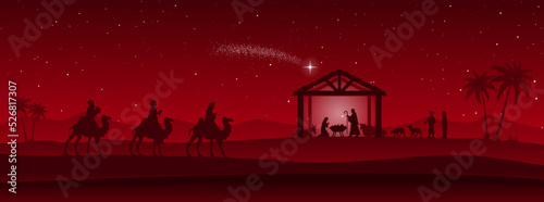 Red Christmas Nativity scene in the desert greeting card background. Vector EPS10.